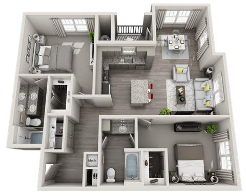Floor plan for 2 beds, 2 baths, 1178 sqft
